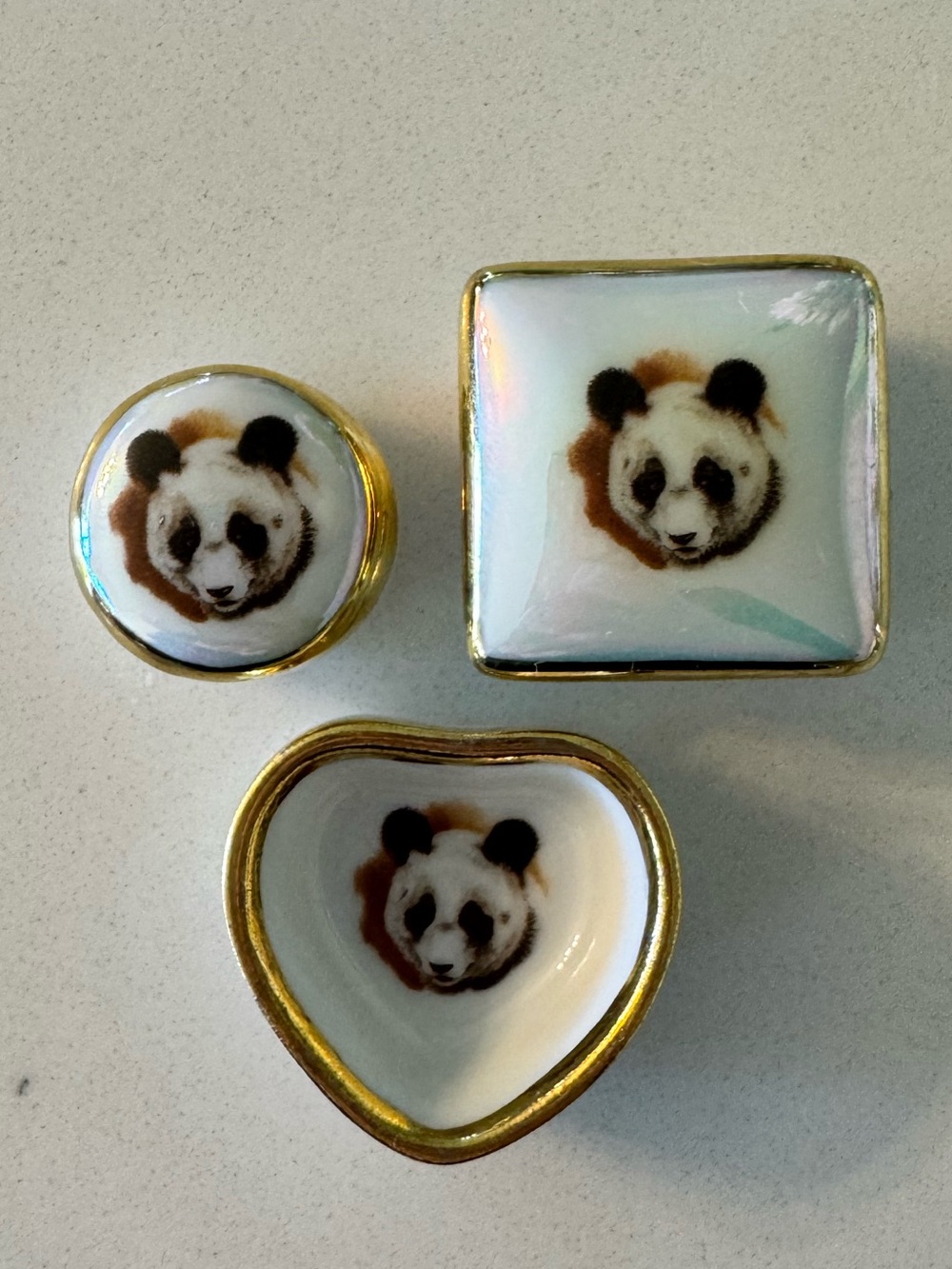 Vintage Panda Accent Miniature Ceramic Trinket Dish Set - 22 Karat Gold